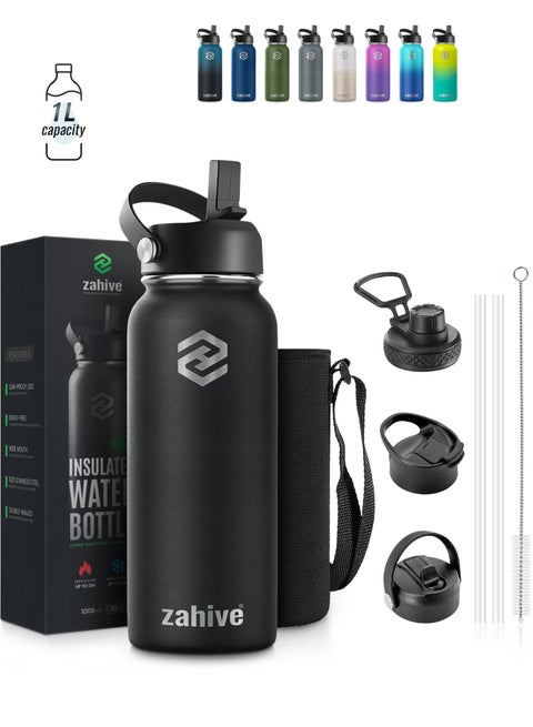 Insulated Stainless Steel Water Bottle with Straw with 3 Lids and Bag 1000 ml, Double Wall Thermos for Hot and Cold Drinks for Gym and Work, Wide Mouth, Leak Proof, 1 liter, Black